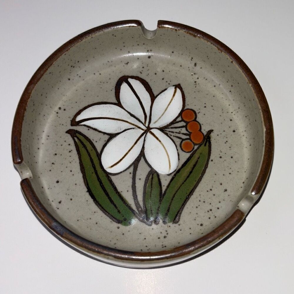 Vtg 70s MCM mid century Otagiri ceramic ashtray flower glazed speckle stoneware